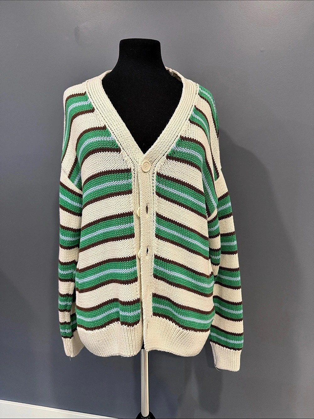 Zara Striped Knit Cardigan Striped Cotton Green & Cream Size Medium